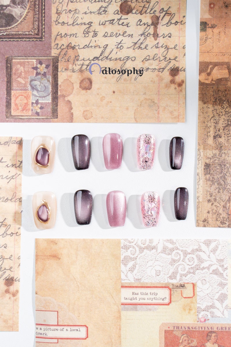 Nailosophy أظافر فاخرة مصنوعة يدويًا قابلة للصق بتصميم عتيق بلون البرقوق مع تأثير عين القط ولامع | شكل كوفين - Image 2